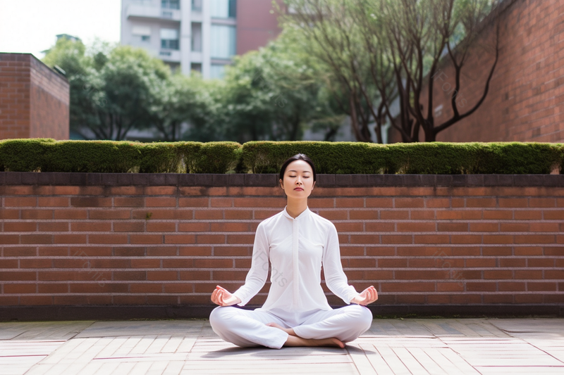 减肥女性瑜伽冥想盘腿坐户外晴天锻炼公园红墙健身,高清,摄影图,摄影图片,图片大全,摄影图免费下载